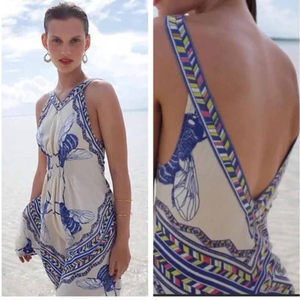 Leifnotes Anthropologie Blue Bee Print Smocked Waist V-Back Dress Cream Size 14